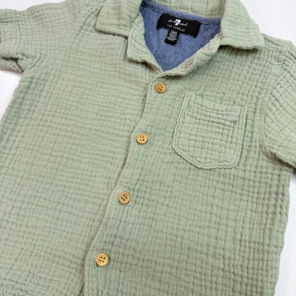 7 For All Mankind Boho Coastal Button Down Boy 24M Sage Green Gauze Cotton Shirt